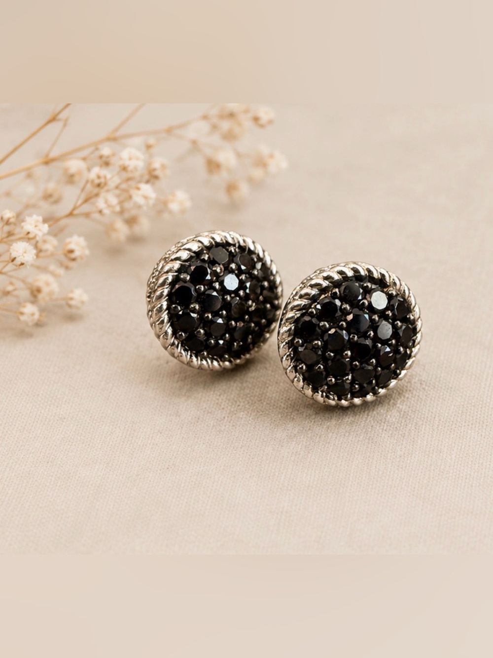 Judith Ripka Black Spinel Pavé Omega Stud Earrings Sterling Silver 925 Rope Bord
